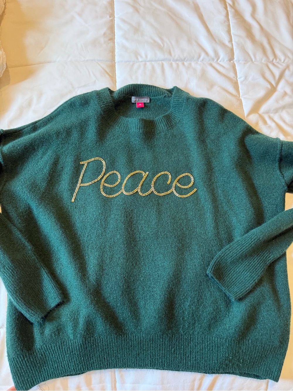 Vince Camuto Forest Green Crewneck Sweater with Gold 'Peace' Embroidery